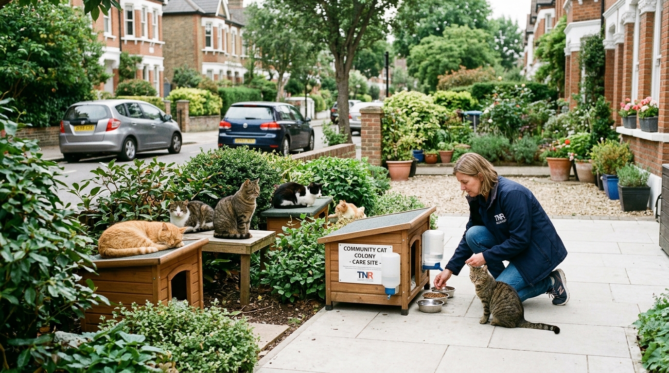 Colonia de gatos en entorno urbano